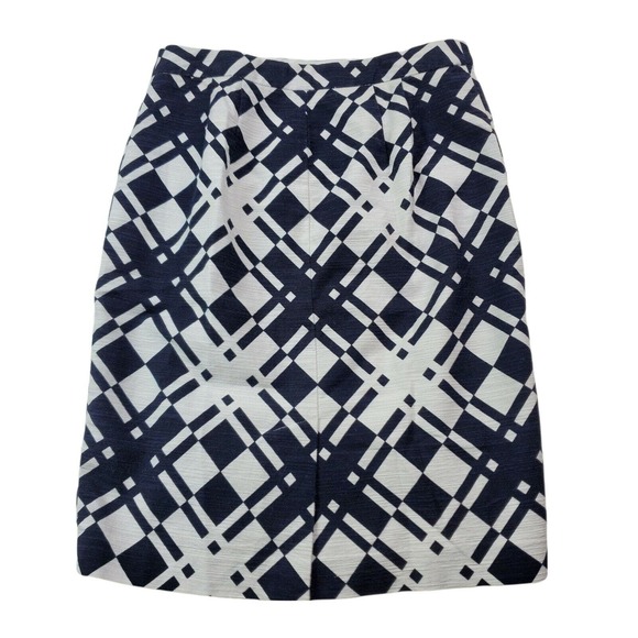 CC - Talbots Women 4P Petite Skirt Navy Blue White Abstract Print Exposed Zipper - Picture 2 of 5